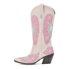 White cowboy boot with pink and blue angel wing design on a white background