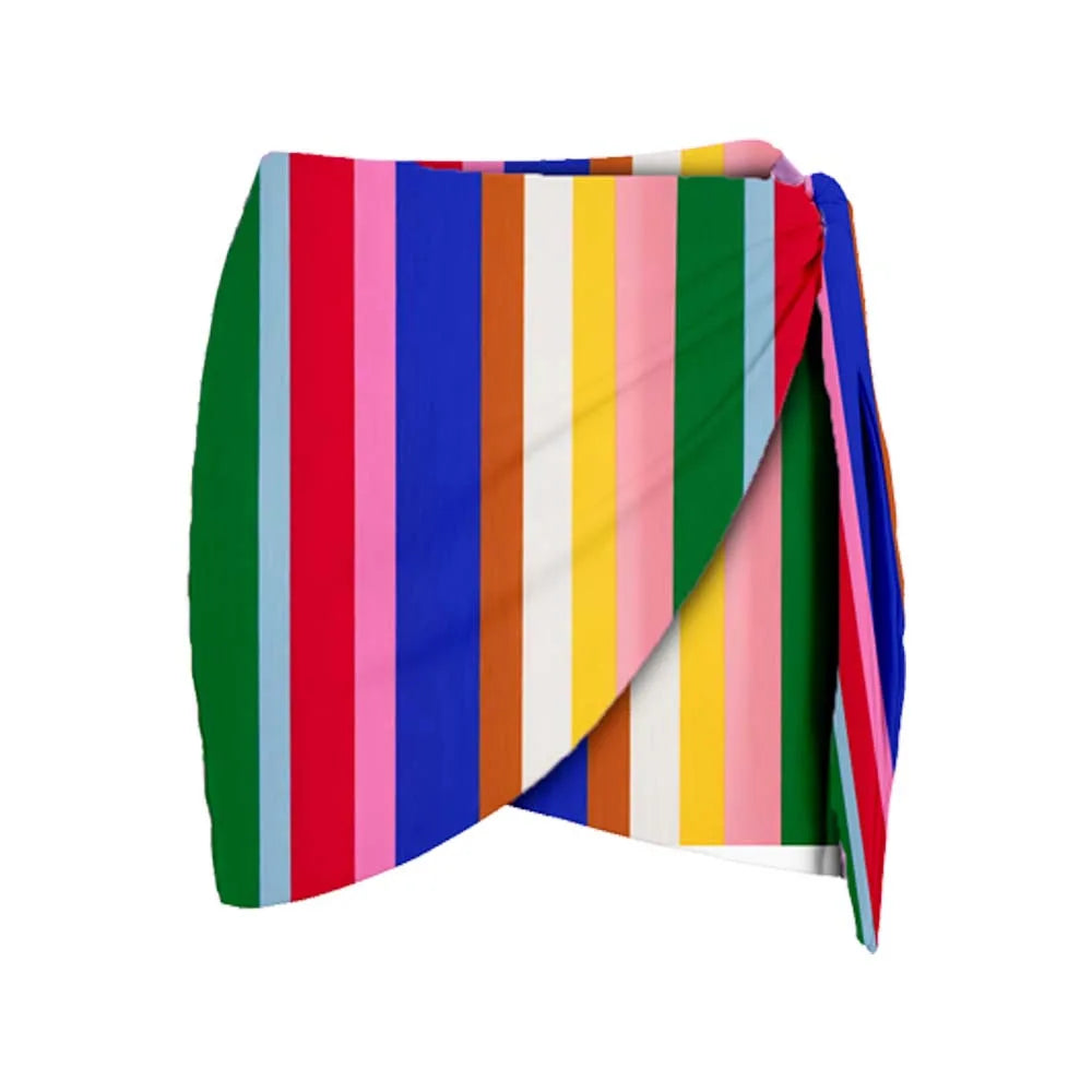 Close-up of a multi-colored striped wrap skirt