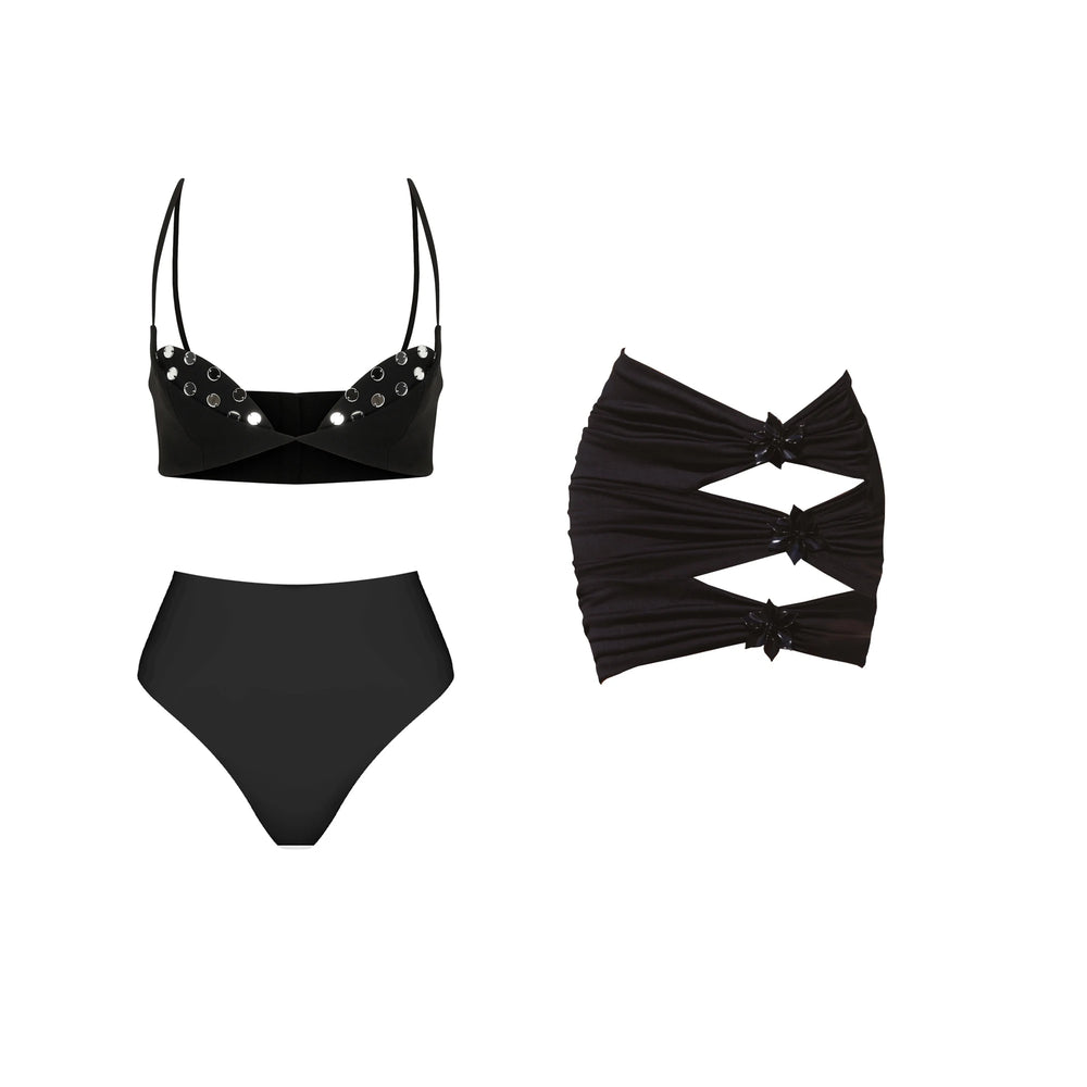 Black embellished bikini top and high waist bikini bottoms with black sheer robe