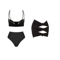 Black embellished bikini top and high waist bikini bottoms with black sheer robe
