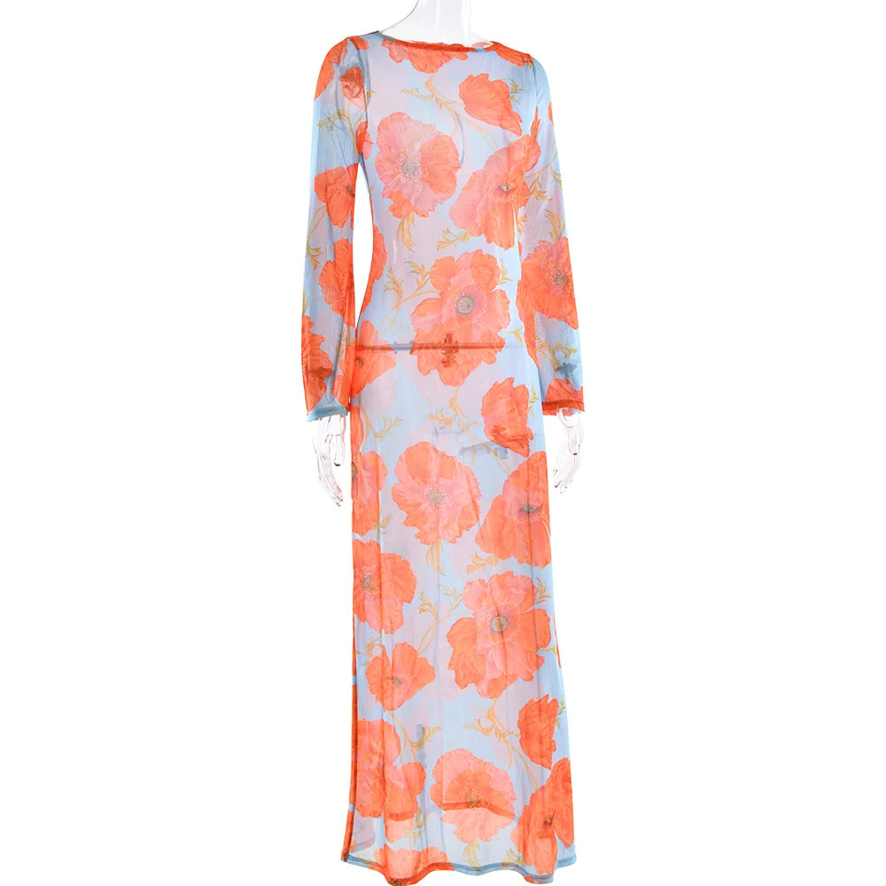 Floral dress with orange flowers on a light blue background