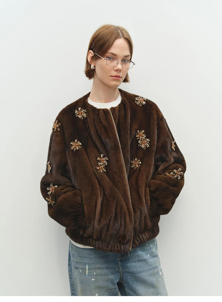 Brown faux fur bomber jacket with beading detail and gathered cuffs