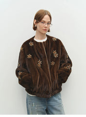 Brown faux fur bomber jacket with beading detail and gathered cuffs