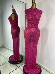 Pink rhinestone mesh maxi dress