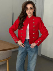 Military style cropped jacket in red with double-breasted button detail
