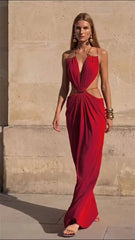 Red halter neck draped maxi dress with gold chain detail