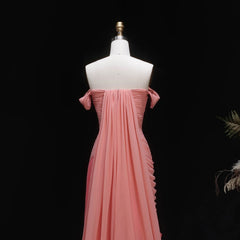 Pink Off Shoulder Ruched Chiffon Gown with Sweep Train