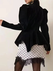 Velvet Peplum Jacket with Cutout Neckline and Puffed Sleeves