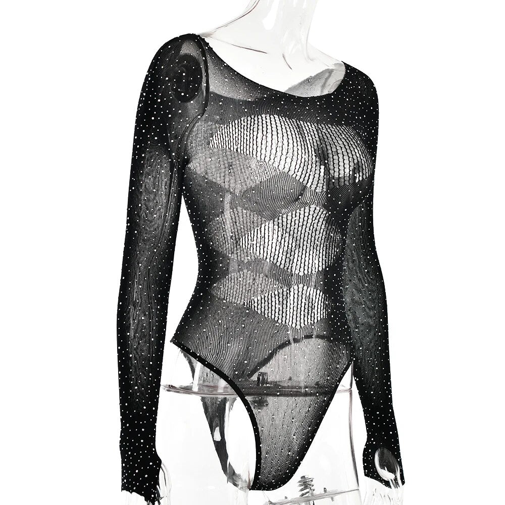 Patchwork Mesh Long Sleeve Hollow Out Bodysuit