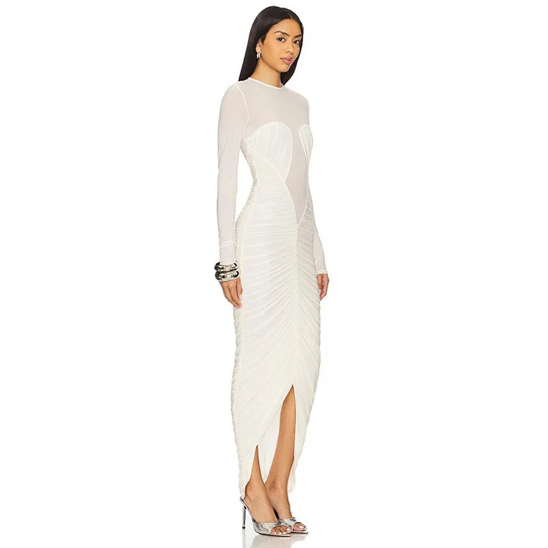 Long sleeve ruched split hem dress side view
