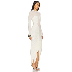 Long sleeve ruched split hem dress side view