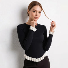 Ribbed Knit Long Sleeve Ruffle Trim Top