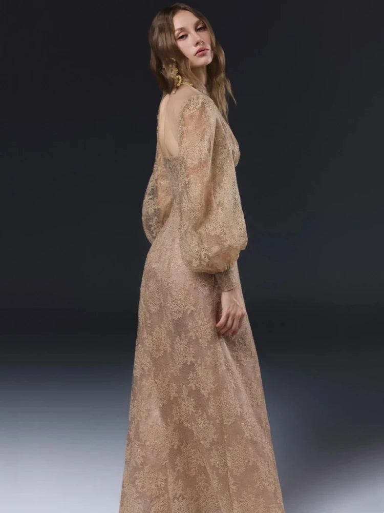 Lace mock neck lantern sleeve dress side profile