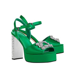 Satin Platform Crystal Embellishment Block Heels