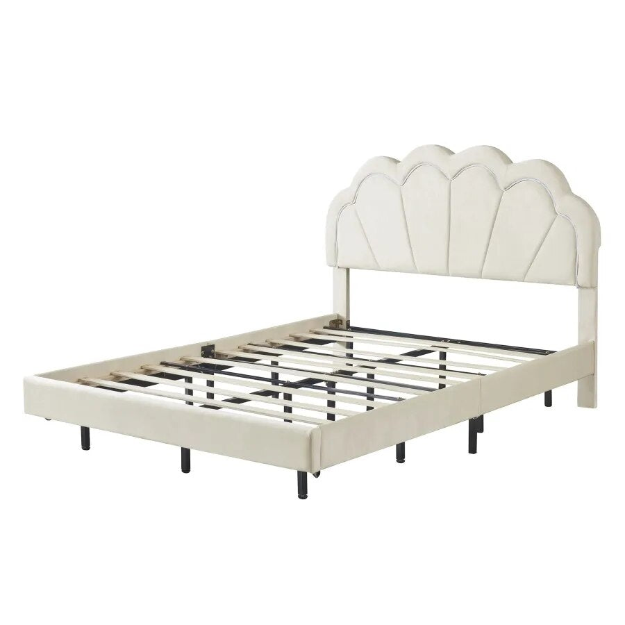 Beige Velvet Upholstered LED Platform Bed with Storage Ottoman