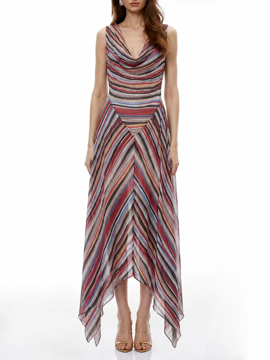 Front view of a striped V-neck sleeveless midi dress