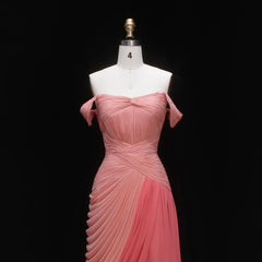 Pink Off Shoulder Ruched Chiffon Gown with Sweep Train