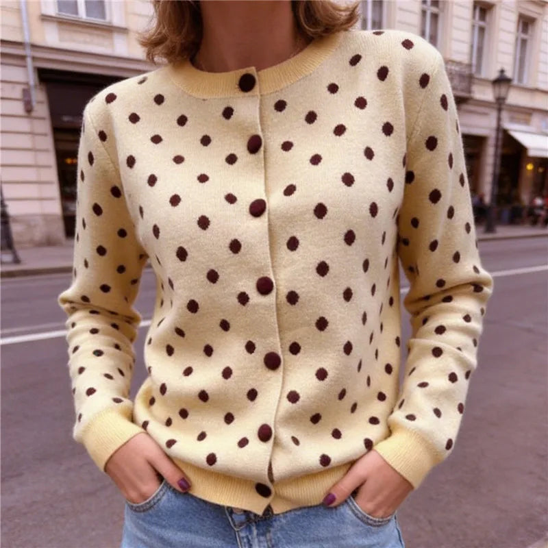 Cream polka dot knit coat crew neck button down