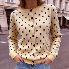 Cream polka dot knit coat crew neck button down