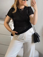 Women Striped Knit Short Sleeve Sheer White Tees