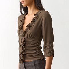 Ruffle V-Neck Quarter Sleeve Cropped Top