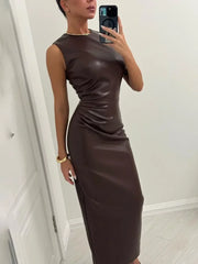 Sleeveless Faux Leather Pleated Hip-Hugging Dress