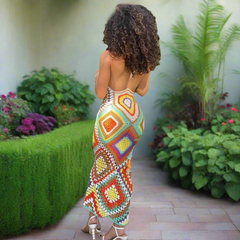 Women Handmade Crochet Knitted Multi Color Long Dress