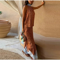 Polka Dot Lace Insert Maxi Skirt Set