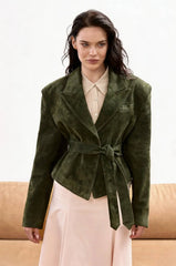 Belted suede cropped blazer in green