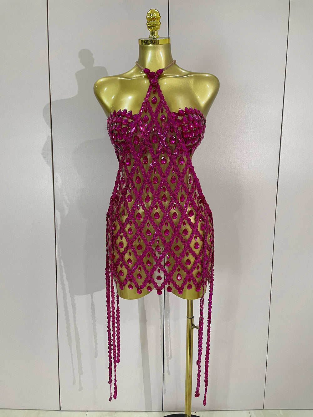 Rose red diamond mesh halter mini dress with sequin embellishments