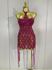 High Choker Neck Diamond Mesh Mini Dress