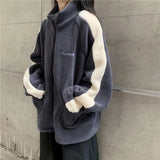 Lambs wool Patchwork Zip Up Jacket Oversize Fleece Coat