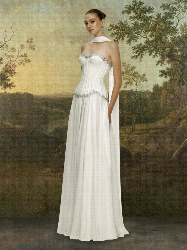 Strapless corset top and A-line skirt set with crystal embellishments