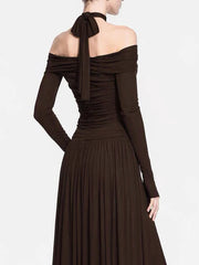 Long Sleeve Cut Out Neck Ruched Bodice Maxi Dress