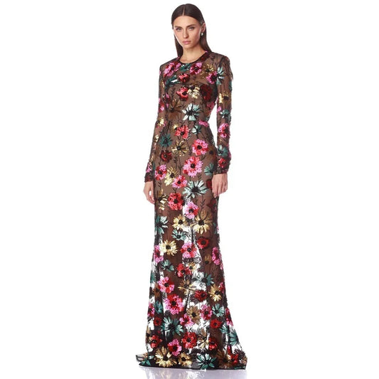 Floral embroidered mesh trumpet dress side view