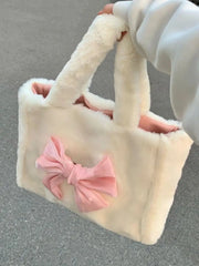 White Sweet Bow Tote Bag Plush Ladies Handbag