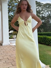 Yellow Open Back Satin Sleeveless Bowknot Ankle Length Dress