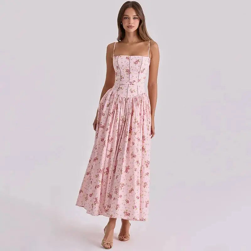 Floral print spaghetti strap A-line maxi dress
