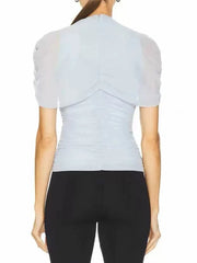 Back view of draped mock neck short sleeve top