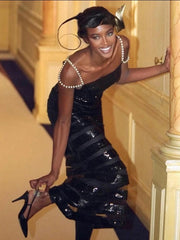 Pearls Chain Black Long Dress Mesh Sequin Maxi Dress