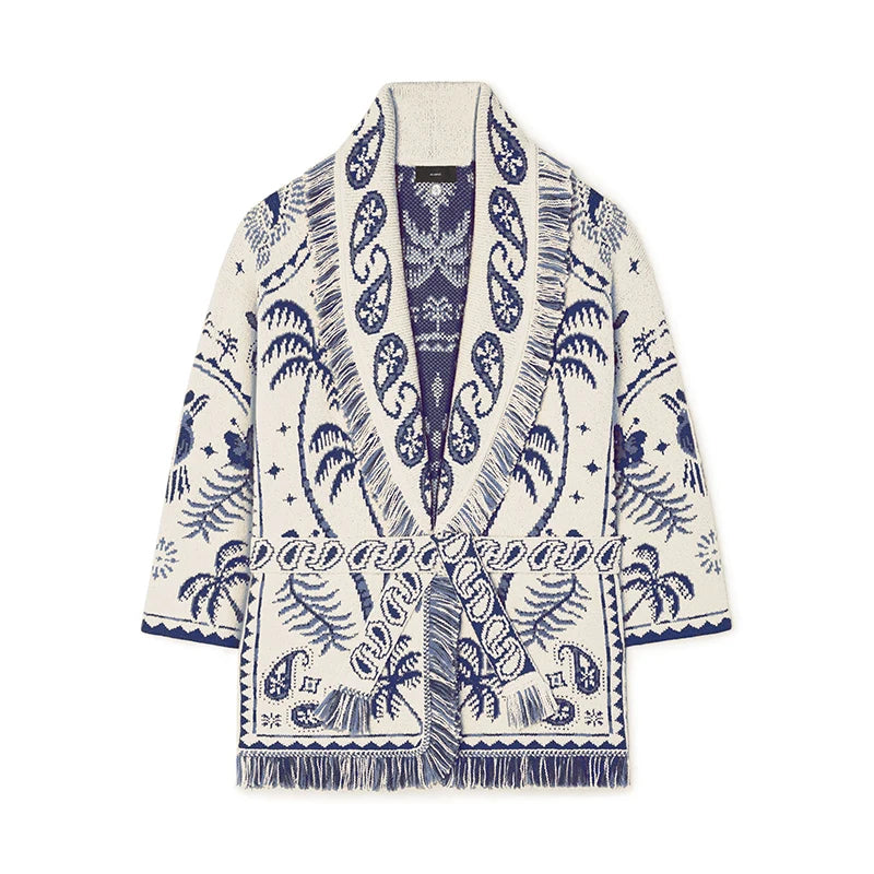 White cardigan with blue pattern on a white background