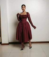 Burgundy Lace Full Sleeve High Waist Dress