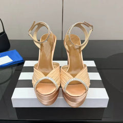Rhinestone Pleated Mesh Open-Toe Ankle Strap Heels