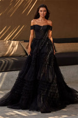 Open Shoulder Multilayer Ball Gown Tulle Puffy Robes Evening Dress