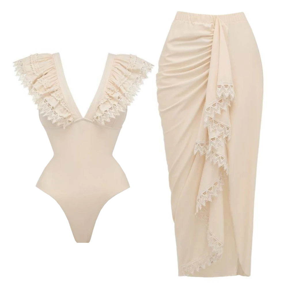 Ruffled lace trim one-piece swimsuit with coordinating draped skirt