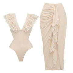 Ruffled lace trim one-piece swimsuit with coordinating draped skirt