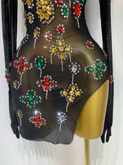 High Neck Mesh Full Sleeve Crystal Embellished Bodycon Mini Dress