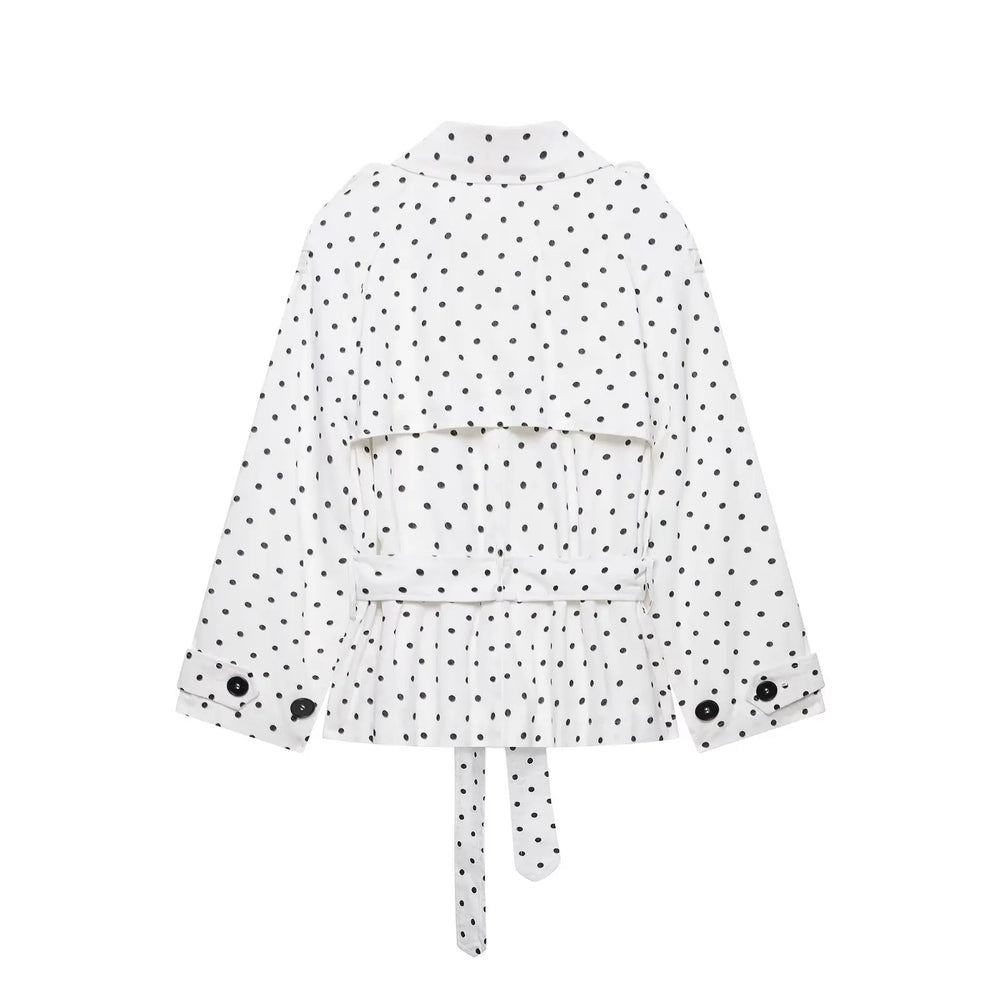 Polka dot belted trench coat flat lay back