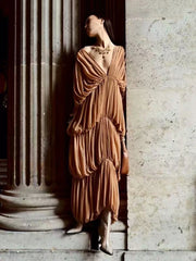 Brown V-Neck Draped Tiered Folds Maxi Dress