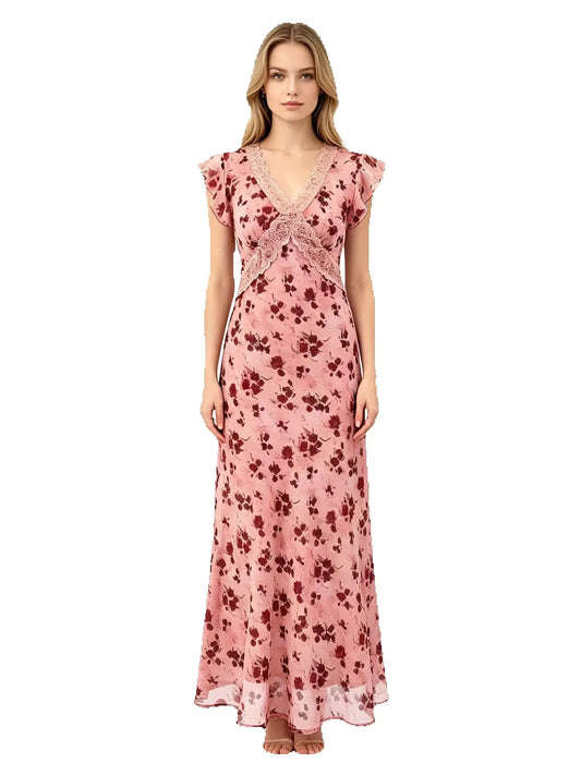 Model wearing a pink floral print ankle-length A-line dress with lace trim and flutter sleeves.